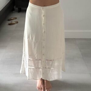 Reformation Cream Button-Front Midi Skirt with Lace Insets